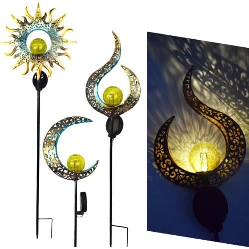 Outdoor Wrought Iron Ground Plug Solar Lawn Lamp Moon/flame Retro Hollow Courtyard Landscape Projection Lamp Outdoor Decor