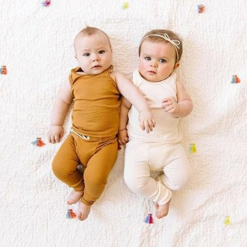 Summer Home Clothing 0-24M Newborn Kid Baby Boy Girl 2Pcs Clothes Cotton Puer Color Tanks Tops Long Pants Hat Outfit Set Casual