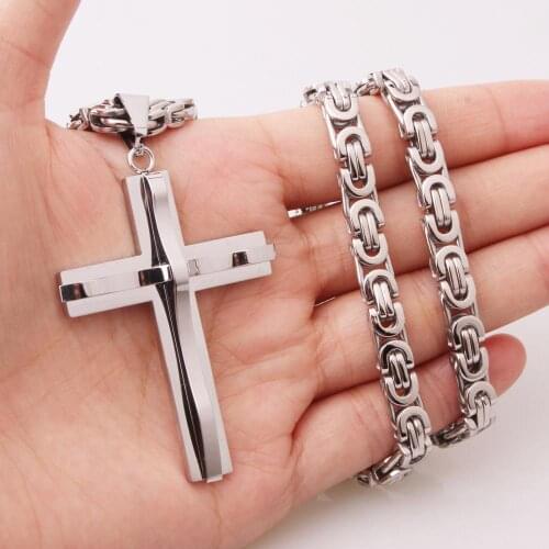 Hot Selling Top Stainless Steel Cross Necklaces Crucifix Pendant Necklace for men Vintage Stainless Steel Men Byzantine Chain