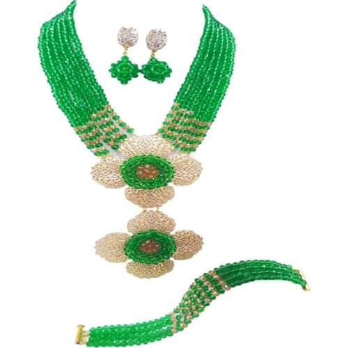 Fashion Green Gold AB Nigerian Necklace African Wedding Beads Jewelry Set Crystal Bridal Jewelry Sets 6DHJZ08