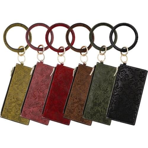 Trendy O Shape Key Ring PU Leather Printed Painted Bangle Key Chain Portable Wallet Figure Detachable Clutch Wallet Card Purse
