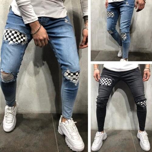 Men The New Ripped Jeans pencil pants 2020 summertime Fashion Printing denim Slim Elasticity Skinny Pants pure color man Jeans