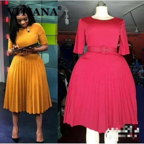VITIANA Women Short Sleeve Empire Pleated Midi Dress Summer 2020 Female Solid Plus Size Casual Dresses Femme Office OL Vestidos