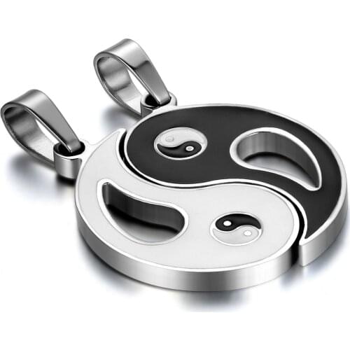 BONISKISS Stainless Steel Chinese Mystical Yin Yang Tai Chi Ba Gua Matching Pendant Gold Silver Color Black With Chian(Pair)