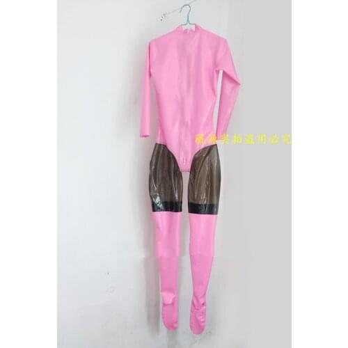 Sexy Pink Latex Full Body Catsuit Rubber Jumpsuit Socks with Back Crotch Zipper Customize