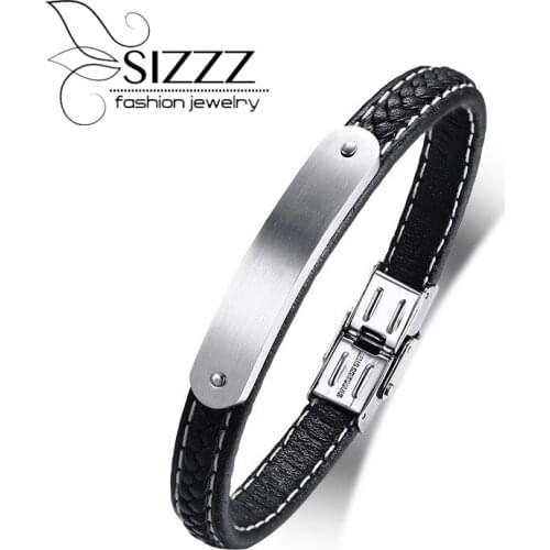 SIZZZ 2018 New Fashion Stainless steel bent Leather Bracelets&bangles for men