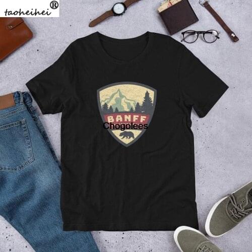 Vintage Sticker Style Canadian Banff National Park Souvenir Shirt Camping Hiking Backpacking Short Sleeve Unisex