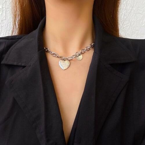 Vogallery Silver Color Heart Pendant Necklaces Women Fashion Punk Thick Neck Chains Rock Hip Hop Letter Jewelry Accessories