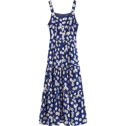 PERHAPS U Blue Floral Print Slash Neck Tank Fit And Flare Midi Dress Mid Calf Summer Empire Wristlets D1688