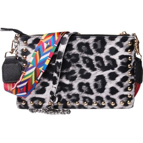 Women Leopard Crossbody Bags Female Fashion Patchwork Casual Zipper Bag With Colorful Strap For Ladies