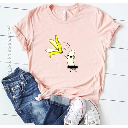 Premium O Neck Women Casual Graphic Tees Girl Summer Tees & Tops Harajuku Banana With Banana Peel Off Fuuny Kawaii Tee Shirts