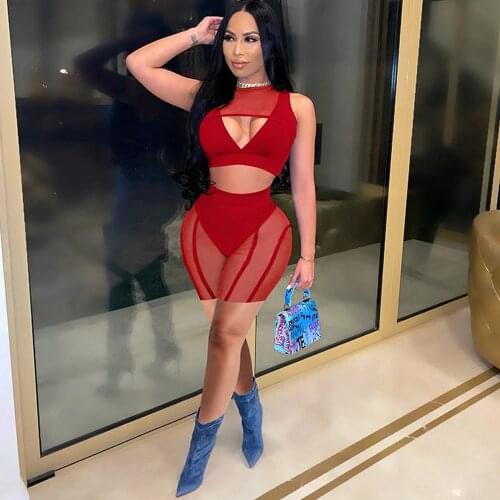 Sheer Mesh Striped See Through Fitness 2 Piece Club Outfit Women Hollow Out Bandage Crop Top+high Waist Short Party Clubwear