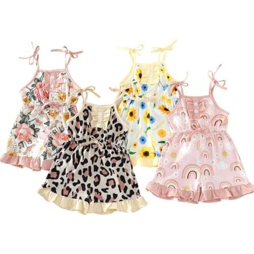 0-4Y Infant Girls Square Collar Short Romper Floral/Rainbow/Leopard Print Sleeveless Sling Playsuit with Ruffles Summer Clothes