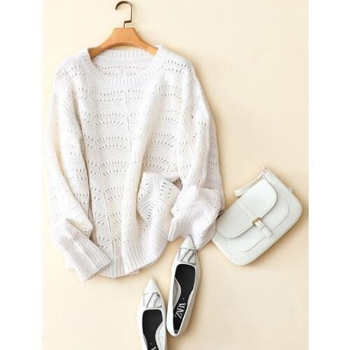 Korean fashion loose women knitted sweater oversized hollow out designs brand 100% cashmere winter pullovers