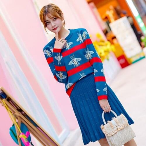 New Bees Jacquard Knitted Hit Color Striped Pullover Sweater Top + High Waist Pleated Skirt Suit 2 Piece Womens Clothing