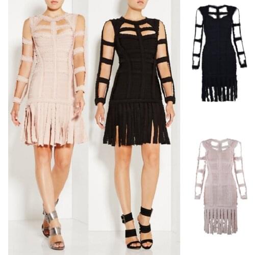 2018 Summer Crop Top Hot Sale Hollow Out Women Bandage Dress Sexy Solid Tassel Dresses Celebrity Party Cocktail Bodycon Vestido