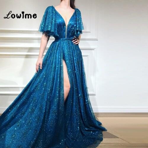 Vestidos V Neck Evening Dress Robe De Soiree High Split Side Sexy Prom Dresses 2018 Long Dress Short Sleeves Abendkleider Gowns