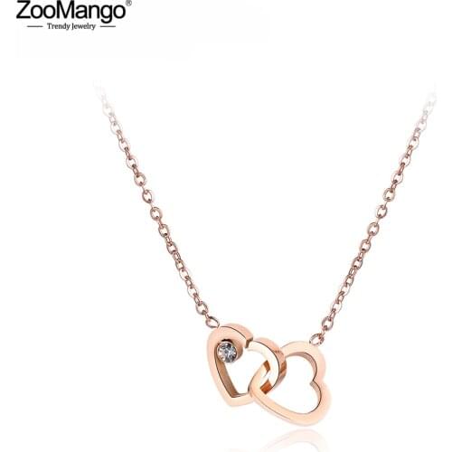 ZooMango Double Heart CZ Crystal Chain Link Pendant Necklaces Jewelry Titanium Steel Rose Gold Choker Necklace For Women ZN18058