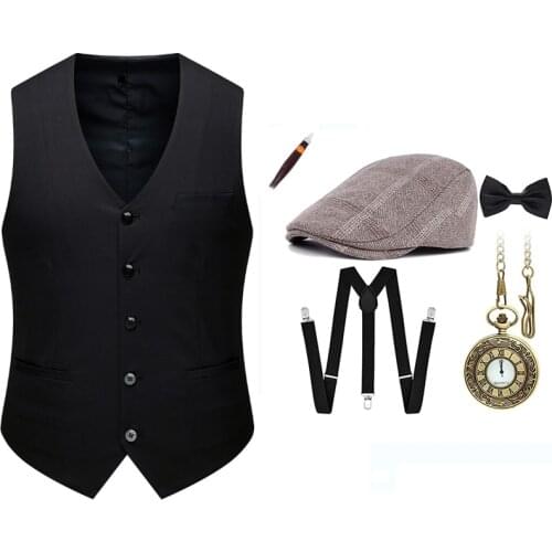1920s Mens Accessories Set Newsboy Hat, Formal Vest,Gentlemans Pipe，pocket watch tie Cap