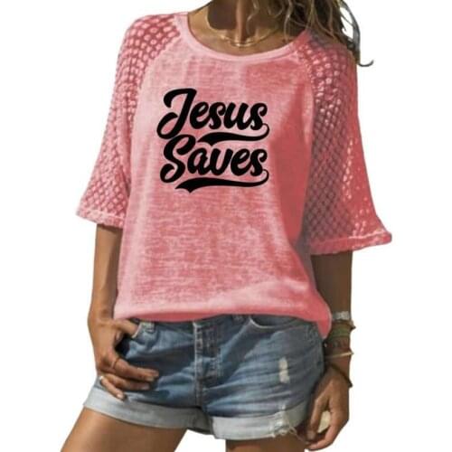 2021 Women New Lace Crew Neck T-Shirt Jesus Saves Letters Print T Shirt Leisure 3/4 Sleeve Plus Size Harajuku Summer T-shirt