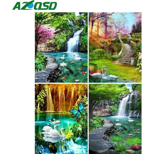 AZQSD Diamond Painting Swan Waterfall Cross Stitch Kits Rhinestones 5D Diamond Embroidery Landscape Mosaic Needlework Home Decor