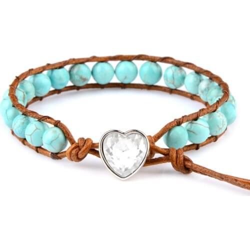 Chanfar 6mm Genuine Natural Stone Beaded Heart-Shaped Turquoises Leather Cord Bracelet For Women Men Jewelry