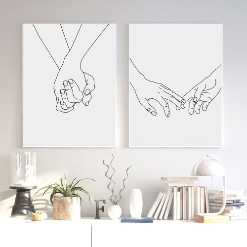 Black and White Romantic Hand In Hand Canvas Painting Abstract Line Wall Art Poster Print Picture Couple Lovers Room Decoration