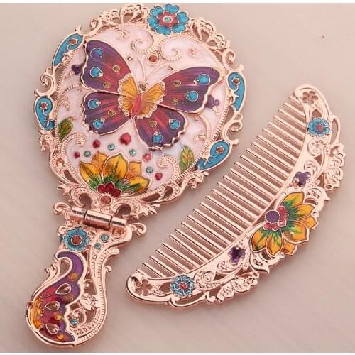 European Accents Antique Pewter Blue Burgundy Hand Paited and Blue Green Jeweled Butterfly Design Foldable Hand Mirror and Comb