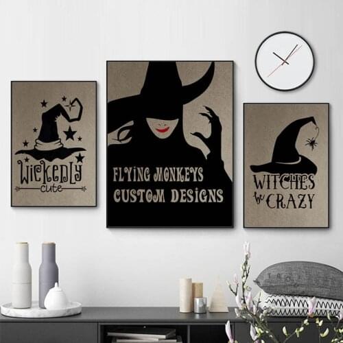 Fantasy Halloween Witch Hat Canvas Painting Vintage Black and White Wall Art Posters and Prints Pictures for Cafe Home Decor