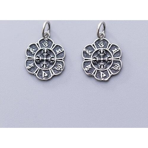 925 Sterling Silver Handmade Craft Buddhism Mantra Flower Hoop Charms 14mm Matte Flat Pendants DIY Jewelry For Male Female Gift