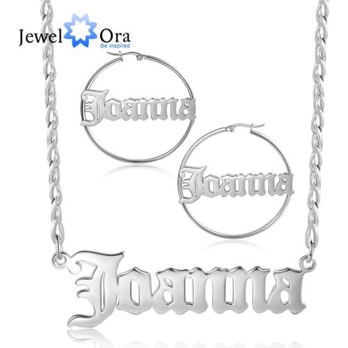 JewelOra Personalized Name Necklace Earrings Set Custom Nameplate & Circle Hoop Earrings Stainless Steel Jewelry Sets for Women