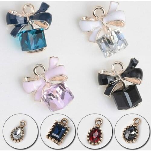 5/7pcs Rhinestone Glass Earrings Bow Square Glass Enamel Charms Oil Drop Alloy Gold-Color Pendant Fashion Jewelry Accessories