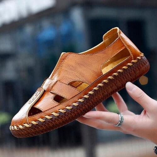 Mens Shoes Breathable Loafers High Quality Summer Leather Sandals Man Flats Casual Beach Fashion Slip on Shoes Plus Size 38-48