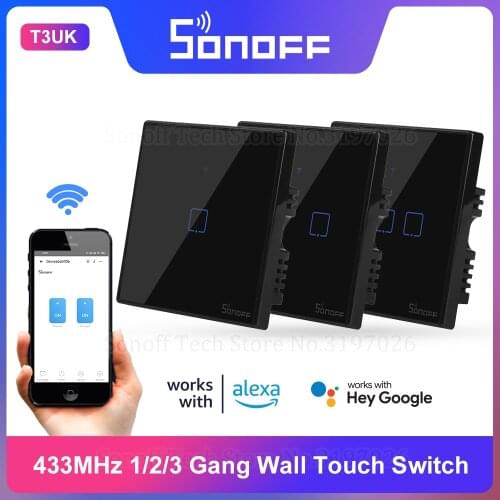 Itead Sonoff T3 UK 1/2/3 gang TX 433Mhz RF WiFi Wall Touch Switch Remote Control via eWeLink APP Works With Alexa Google Home