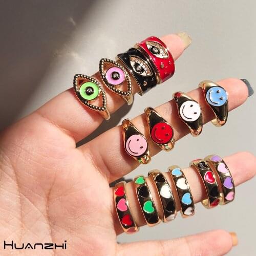 2021 New Korean Trendy Vintage Dripping Oil Enamel Color Contrast Heart Eye Smiley Face Metal Rings for Women Couple Jewelry HZ