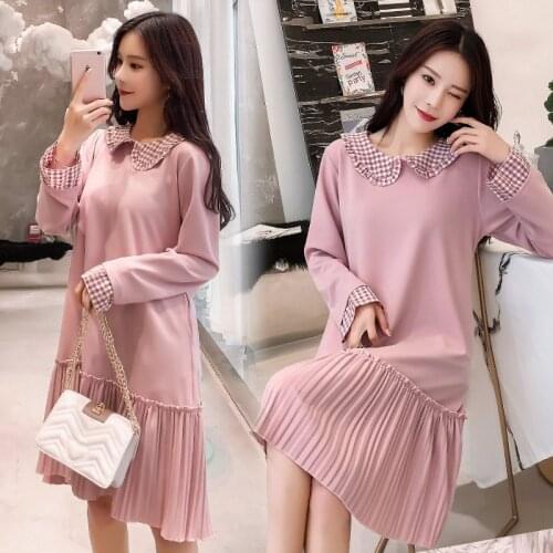 Maternity Clothes For Pregnant Women Doll Collar Long Sleeve Pink Pregnancy Dress Maternity Clothing Pleated Dresses