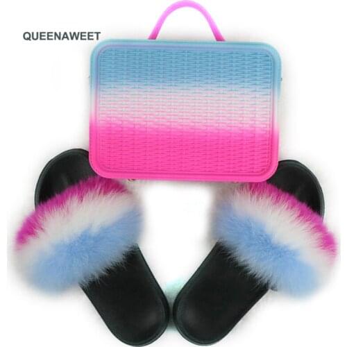 Colorful Jelly Bag Fluffy Slippers Real FOX Fur Slides Indoor Flip Flops Casual Shoes for Woman Fur Sandals Vogue Plush Shoes