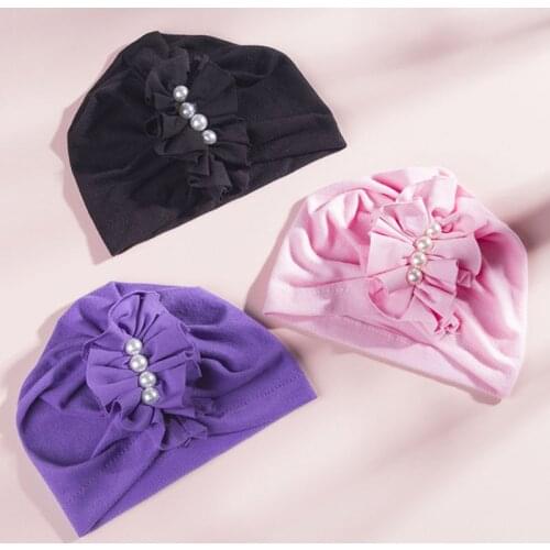 Imitation Pearl Baby Girl Hat Solid Color Soft Elastic Newborn Baby Turban Hats For Kids Toddler Infant Headwrap Beanies