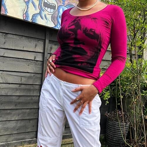 Dourbesty Fashion Portrait Print T-shirt Y2K Aesthetic Long Sleeve Slim Fit Crop Top Women Autumn Sweats Tees E-girl Gothic Tops