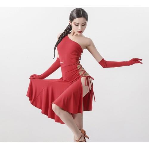 2021 New L9775 One Side Shoulder Striped Design Latin Dance Dress Women Sleeveless Belly Modern Dancing Dresses Latino Dancewear