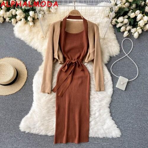ALPHALMODA 2021 Vintage Knitted Halter Dress Split Halter Neck Dress + Cardigan Shawl Women 2pcs Suit Ladies Fashion Clothes Set