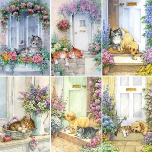 Yumeart Diamond Embroidery Cross Stitch Cat Full Square Diamond Painting Animal Garden Picture of Beaded Mosaic Hobby Art Gift