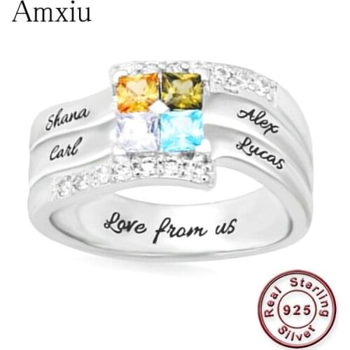 Amxiu Customize Four Family Names Rings Personalized 925 Silver Ring with Birthstones Large Zircon Rings For Women Mothers Gift