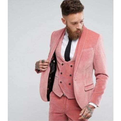 Custom 3 Pics Fashion Winter Groom Wedding Dress Slim Fit PINK Velvet Mens Tuxedo Suit Jacket + Vest + Pants