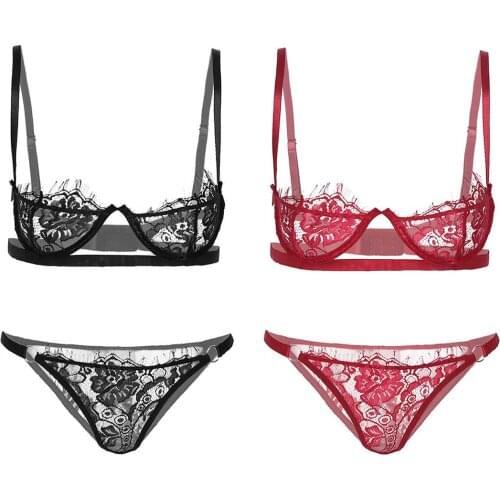 IEFiEL Womens Exotic Set See-Through Lace Lingerie Suit Underwear Spaghetti Strap Underwired Bra with G-string Panties