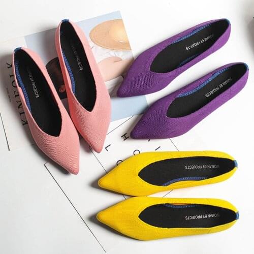 Stretch fabric ballet flats pointed toe woman shoes solid soft bottom comfy loafers shallow knitted casual boat shoes femme 2019