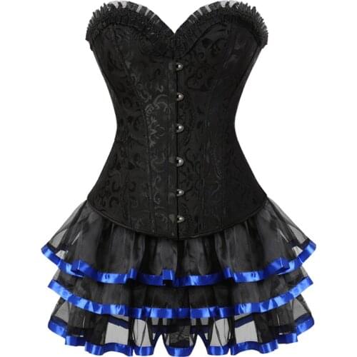 New Steel Boned Corsets Top with Tutu Skirt Sexy Overbust Steampunk Bustier Corset Dress Halloween Costumes for Women S-6XL