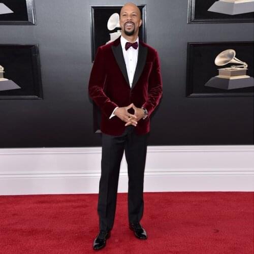 Red Carpet Burgundy Men Suits Peaked Lapel Formal Tuxedos For Wedding Bridegroom Velvet Prom Blazers (Jacket+Pants)