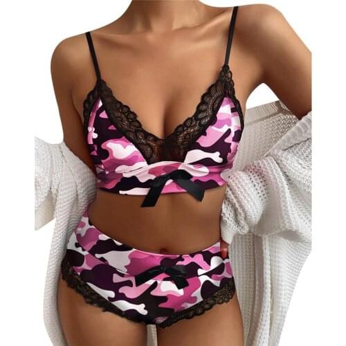 Summer Sexy Low Cut Print Underwear 2 Piece Set Women Lace Patchwork Bow Sling Backless V-Neck Bras+Briefs Female Sleepwear Sets
