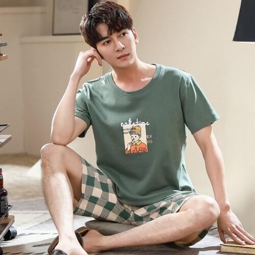 Summer Men Pajamas Sets Fashion Green Striped Patchwork Sleepwear Shorts Comfort Leisure Homewear Cartoon Cotton Men Nightwear